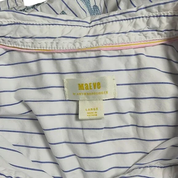 Anthropologie Maeve Button Down Shirt White Blue Striped I Love You Size Large L - Picture 7 of 10